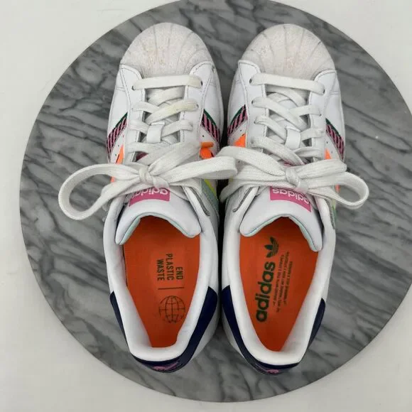 Adidas Mens 7.5 Superstar Shoe White Leather Multi Jagged Shell Toe Sneaker - Picture 9 of 13